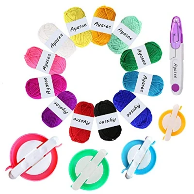 Image of Ayasee Ball Winders, Yarn Knitting Loom Crochet Swift Fiber String Wool Winder DIY Tool Kit, 12PS Acrylic Yarn+1PS Scissors+4PS Pompom Maker (17b)