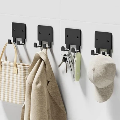 Image of GTK 4 Pack Key Holder for Wall, Razor Wall Mounted, Hat Rack, Self Adhesive Hooks, Shower Towel Hooks(Black)