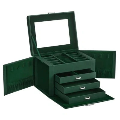 Image of SONGMICS 4 Tier Jewellery Box, Lockable Organiser with Handle, 3 Drawers, Travel Case Mirror, Storage, Modern Style, Gift for Loved Ones, Retro Green JBC159C01