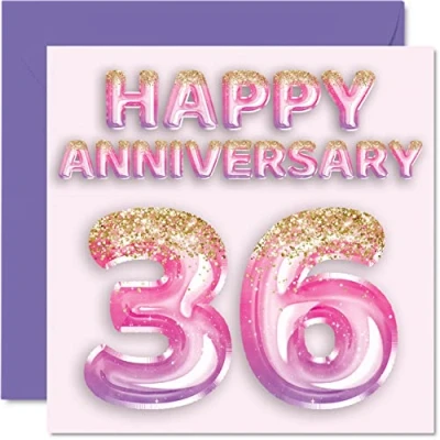 Image of Pretty 36th Anniversary Card for Wife Girlfriend Husband Boyfriend Pink Purple Glitter Balloons Happy 36 Cards from Family, 145mm x Greeting Thirty Sixth Anniversaries