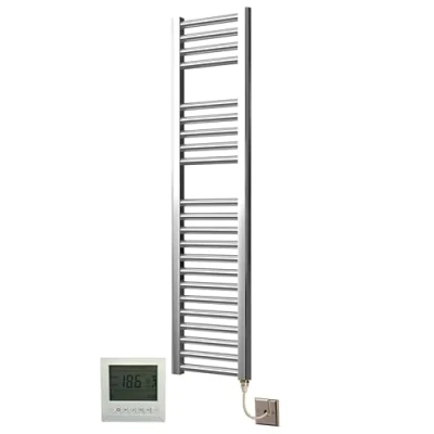 Image of Greened House Extra High Heat Output Chrome Electric Flat Towel Rail 300 x 1200mm Bathroom Radiator Heater Up to 26% More + Timer and Thermostat
