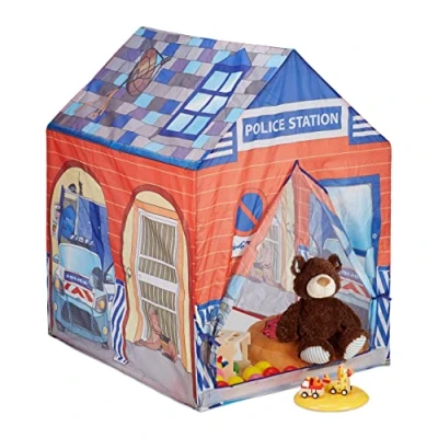 Image of Relaxdays 10024755 Police Station Play Tent for Children, Outdoors, 3 and Up, Fabric Kids Playpen, Blue/Red, HWD 102 x 72 95 cm