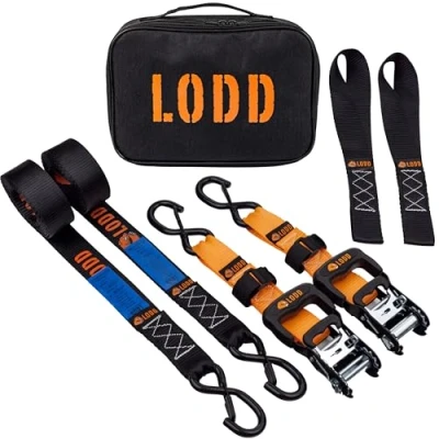Image of LODD Premium Heavy Duty Ratchet Tie Down Straps, 2 Pack, 41mm x 3.4m, Rubberized Closed S Hooks, 2000kg Break Strenth. BONUS : Soft Loops + Carry Bag (for trailer, motorcycle, quad...)