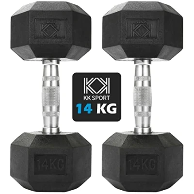 Image of KK Hex Dumbbell Set. 4kg, 6kg, 8kg, 10kg,12kg,14kg. Weights For Weight Training. Cast Iron Chrome Dumbbells. Rubber Ends &amp; Knurled Handles. At Home or Gym. Sculpting
