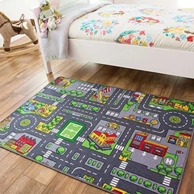 Image of Children’s Grey Roads Car Activity Play Mat Educational Toy Nursery Room Bedroom Animal Rug 95cm x 133cm