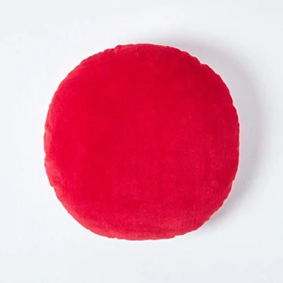 Image of HOMESCAPES Red Round Velvet Cushion Super Soft Cotton Luxury Filled Scatter Thick Plain Accent Throw Pillow for Sofa and Bed Decoration, 40cm (15&quot;) Diameter