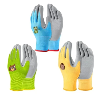 Image of CubePlug Girls and Boys 3 Pairs Kids Gardening Gloves for Age 4 11, Non Slip Work Gloves, Gloves,Foam Rubber Coated (Green+Blue+Yellow, Age(4 5))