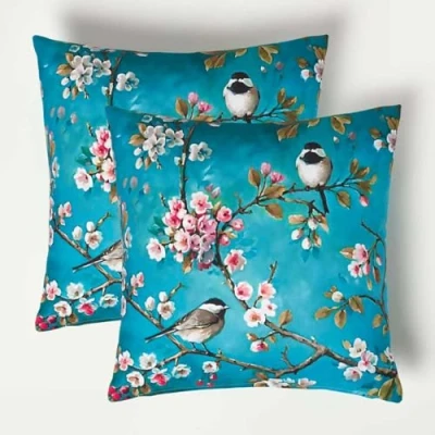 Image of HOMESCAPES Set of 2 Filled Blue Outdoor Cushions 45 x cm Water Resistant Garden Cushion Microfibre Insert Included Decorative Bird &amp; Cherry Blossom for Seating Patio Sofas Benches