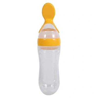 Image of Baby Feeder Bottle,1Pc 90mL Silicone Feeding Bottle, BPA Free Infant Newborn Toddler Fresh Food Cereal Squeeze Style with Spoon and Hygienic Cover, for Toddler, Yellow