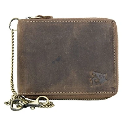 Image of Strong Genuine Leather Metal Zipper Around Wallet with a Shark Chain