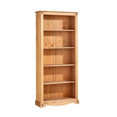 Image of Home Source Corona Large Bookcase, 5 Tier Pine Book Shelves, Mexican Solid Wood Living Room Storage, Natural