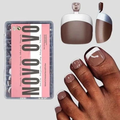 Image of NOVO OVO Fake Toe Nail Tips Press on, Soft Gel Toenail Extension, DARK BROWN Square Round Pre applied Tip Primer &amp; Base Coat, French Full Cover Matte False Nails for DIY x 15 Sizes 360Pcs