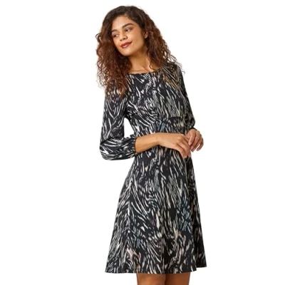 Image of Roman Originals Women Gathered Chest Dress Ladies Stretchy Fit &amp; Flare Swing Tea A Line Skater Knee Length Midi Smart Casual Work Round Neck Going Out Cocktail Party Black Cream Size 18