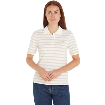 Image of Tommy Hilfiger Women&#039;s Short Sleeve Slim Fit Striped Polo Shirt, White (Breton STP/Ecru/Classic Beige), S