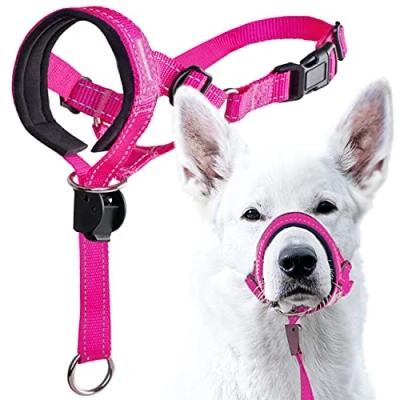 Image of GoodBoy Dog Head Halter with Safety Strap Stops Heavy Pulling On The Leash Padded Headcollar for Small Medium and Large Sizes Collar Training Guide Included (Size 4, Pink Nylon)