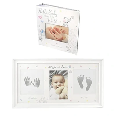 Image of Baby Keepsake Photo Album Frame Set White Elephant Bunny Design Hearts Footprint Handprint Memories New Born