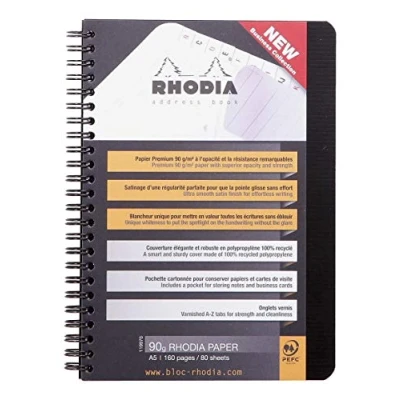 Image of RHODIA 119970C Spiral Address Book and Telephone Directory (Full Bound) Black A5 160 pages 90g Clairefontaine paper Rhodiactive Polypro (Plastic) cover