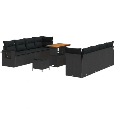 Image of vidaXL 11 Piece Garden Sofa Set with Cushions Black Poly Rattan Acacia