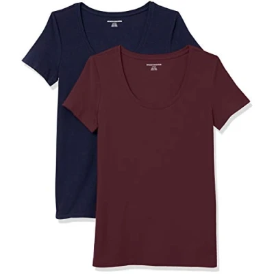 Image of Amazon Essentials Women&#039;s Classic Fit Short Sleeve Scoop Neck T Shirt (Available in Plus Size), Pack of 2, Navy/Burgundy, S