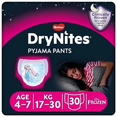 Image of Huggies DryNites, Girls’ Pyjama Pants Sizes 4 7 Years (30 Pants) Unbeatable Night Time Protection with Discrete and Fun Designs