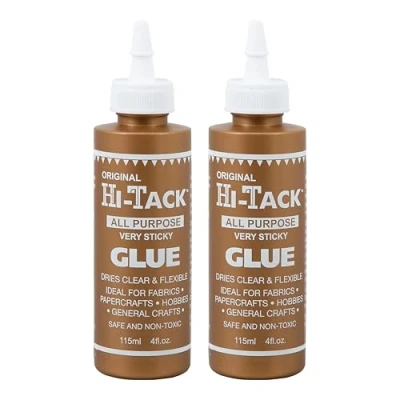 Image of HI TACK Original All Purpose Glue 2 Pack 115ml Very Sticky, Strong, Flexible, Clear Drying Adhesive for Fabric, Wood, Paper, Metal &amp; Crafts Safe, Non Toxic, Heat Resistant Counter Top Stand Display