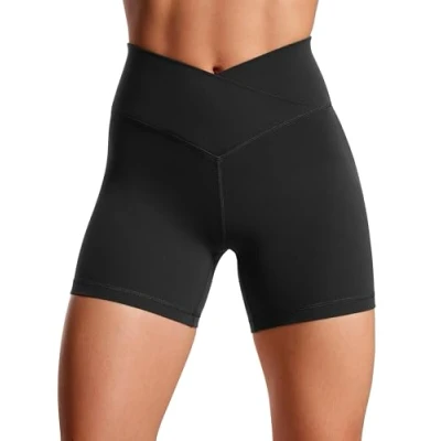 Image of CRZ Yoga Womens Butterluxe 5&quot; V Cross Cycling Shorts Crossover Gym High Waisted Tummy Control Workout Black 12
