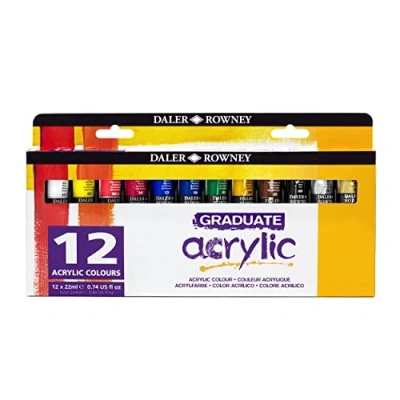 Image of Daler Rowney Graduate 22ml Acrylic Paint Set, 12 Assorted Colours, High Lightfastness, Water Based, Solvent Free, Ideal for Student Artists &amp; Hobbyists