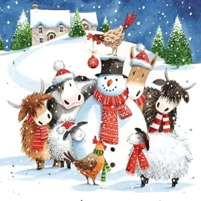 Image of Charity Christmas Cards Pack of 6 Marie Curie, Parkinsons, Oxfam, British Heart, Stroke and NSPCC Snowman Farm Animals Artistic Design Eco Friendly