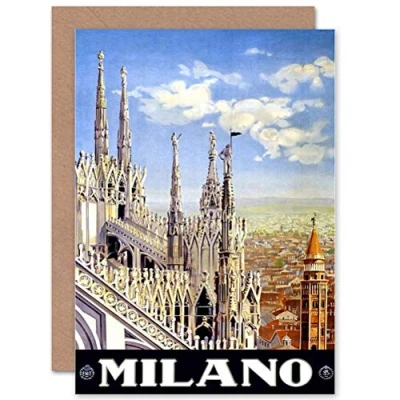 Image of Wee Blue Coo Personalised Vintage Travel Advert Duomo Cathedral Milan Italy Greeting Card Arty Art All Occasion Birthday