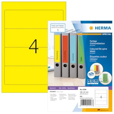 Image of HERMA Self Adhesive Spine Labels, 4 Labels per A4 Sheet, 100 Sheets, 192 x 61 mm, 400 Blank Lever Arch File Folder Stickers, Sticky for Laser &amp; Inkjet Printer, Yellow