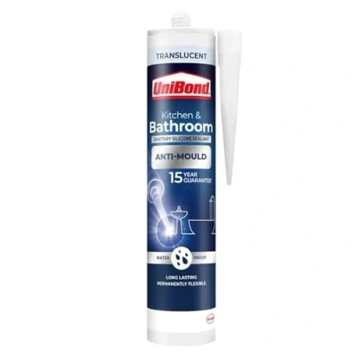 Image of UniBond Stop Mould Silicone Sealant For Kitchen &amp; Bathrooms, Translucent Repels, Kills and Prevents Growth, Long Lasting Shower Sealant, 1x274g Cartridge