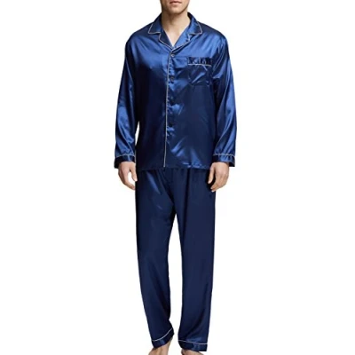 Image of Men’s Sleepwear Satin Pyjama Set Nightwear Loungewear (Blue with White Piping, Large)