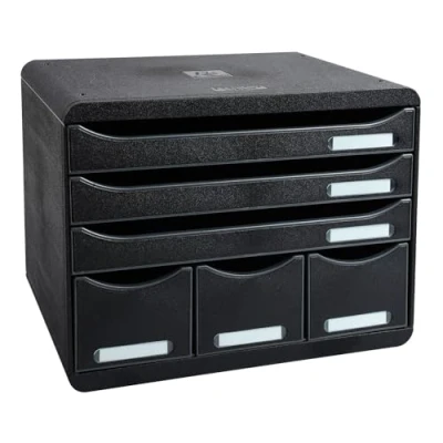 Image of Exacompta Ref 306714D Store Box EcoBlack Plus 6 Drawers Set 270 x 355 271mm in Size, Suitable for A4+ Documents, 3 Small Accessories Black