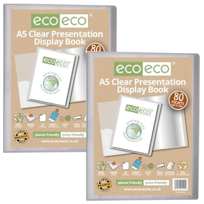 Image of eco A5 Size 50% Recycled 80 Pocket Clear Presentation Display Book, Storage Case Portfolio Art Folder with Plastic Sleeves, Pack of 2, eco149x2