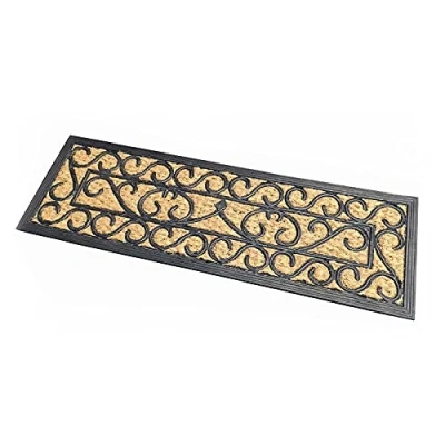 Image of HOMESCAPES Door Mat Scroll Design 100% Natural Coir 25 x 75 cm with Rubber Non Slip Back Indoor and Outdoor Doormat