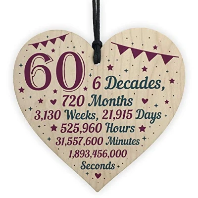 Image of RED OCEAN Funny 60th Birthday Gifts For Women Men Grandparents Mum Dad Nan Grandad Hanging Wooden Heart Plaque