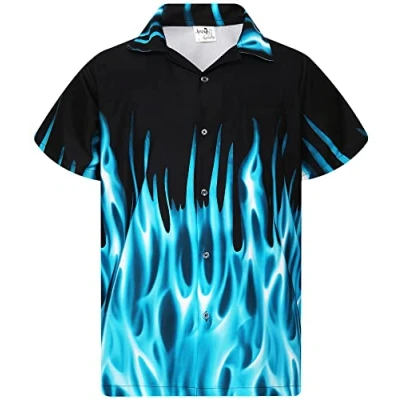 Image of King Kameha Funky Hawaiian Shirt, Men, Shortsleeve, Flames, Turquoise, 4XL