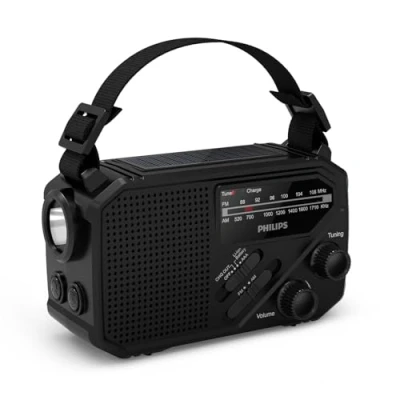 Image of Philips TAR1609 Portable FM/AM radio with Internal Rechargeable Battery, AAA Battery &amp; Crank Backup, Solar Power, Built In LED Light Torch for Camping, Hiking Power Outages