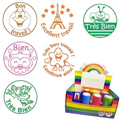 Image of French Praise Teacher Stamp Box Set: Très Bon travail/Continue ainsi, Excellent travail, bien (x2),Bien, Travail. 22mm Reinkable Stampers^