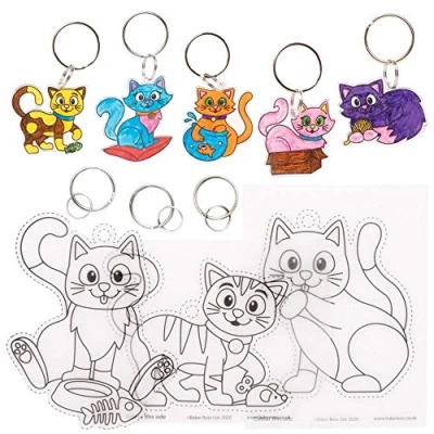 Image of Baker Ross FE361 Cat Super Shrink Keyrings Pack of 8, for Crafts to Colour in, Make and Display, Your Own Kids