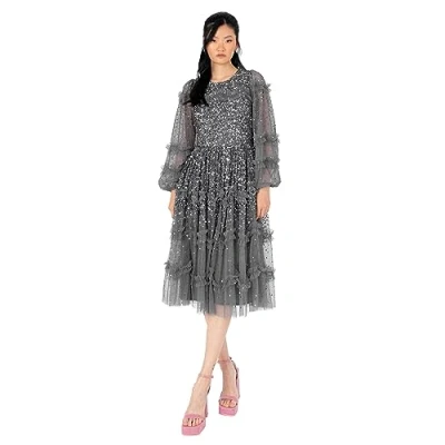 Image of Maya Deluxe Women&#039;s Midi Dress Ladies Long Sleeve Sequin Embellished Ruffle for Wedding Guest Bridesmaid Occasion Evening Ball Gown, Charcoal, 16