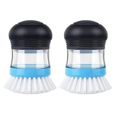Image of MR.SIGA Soap Dispensing Palm Brush, Kitchen Brush for Dish Pot Pan Sink Cleaning, Pack of 2, Navy/Blue