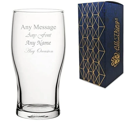 Image of Personalised Engraved Pint Glass, Personalise with Any Message for Occasion, Stylize a Variety of Fonts, Gift Box Included, Laser Engraved, Toughened Tulip Glass