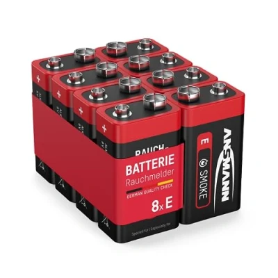 Image of ANSMANN Smoke Detector Battery [Pack of 8] Square 9V E Block Batteries For Smoke/Fire Alarm With 7 Years Life Time