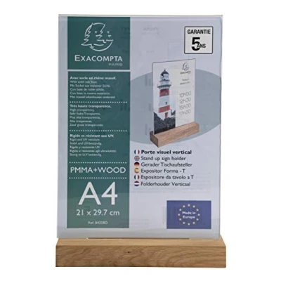 Image of Exacompta Ref 84258D Sign Holder with Wooden Base Suitable for A4 Documents, Solid Oak Plinth, Visible Both Sides, PMMA (Acrylic) Material, Rigid &amp; UV Resistant Clear
