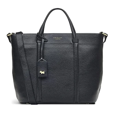 Image of RADLEY London Rivington Medium Ziptop Grab Handbag for Women, Made from Black Grained Leather, Bag with Two Handles, Features Adjustable Cross Body Strap, Interior Zip &amp; Slip Pockets