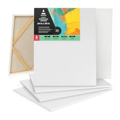 Image of Arteza Large Stretched Canvas, Pack of 6, 61 x 76.2 cm, 100% Cotton 8 oz Primed Blank White Canvases for Oil Painting and Acrylic Pouring