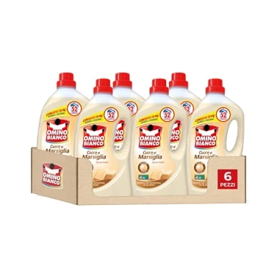 Image of Omino Bianco Liquid Washing Machine Detergent, 312 Washes, Respects Colours and Fabrics, Fresh Perfume with Heart of Marseille Essence, 2600 ml x 6 Packs