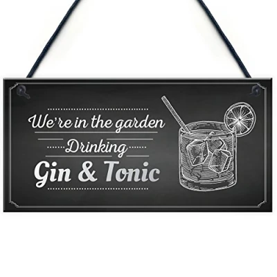 Image of RED OCEAN In The Garden Drinking Gin &amp; Tonic Wall Hanging Plaque Shabby Chic Decor Alcohol Sign Friendship Gift