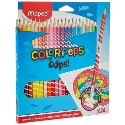 Image of Maped Colour Oops Color&#039;Peps 24 Colouring Pencils with Triangular Ergonomic Eraser Tip Pack of Erasable Resin Pencils, 832812